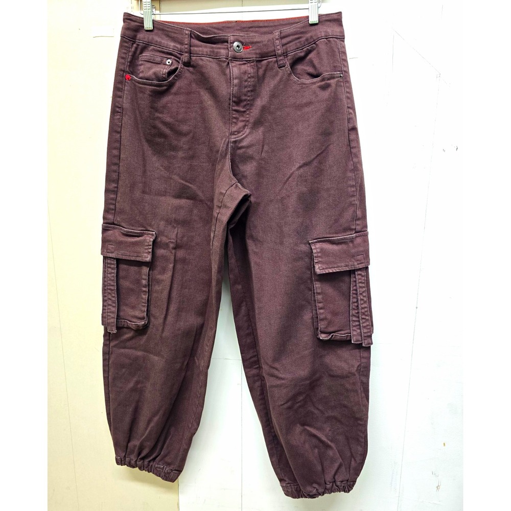 Peace Love World Brown Cargo Denim Pants Tapered Elastic Ankle Pockets 10